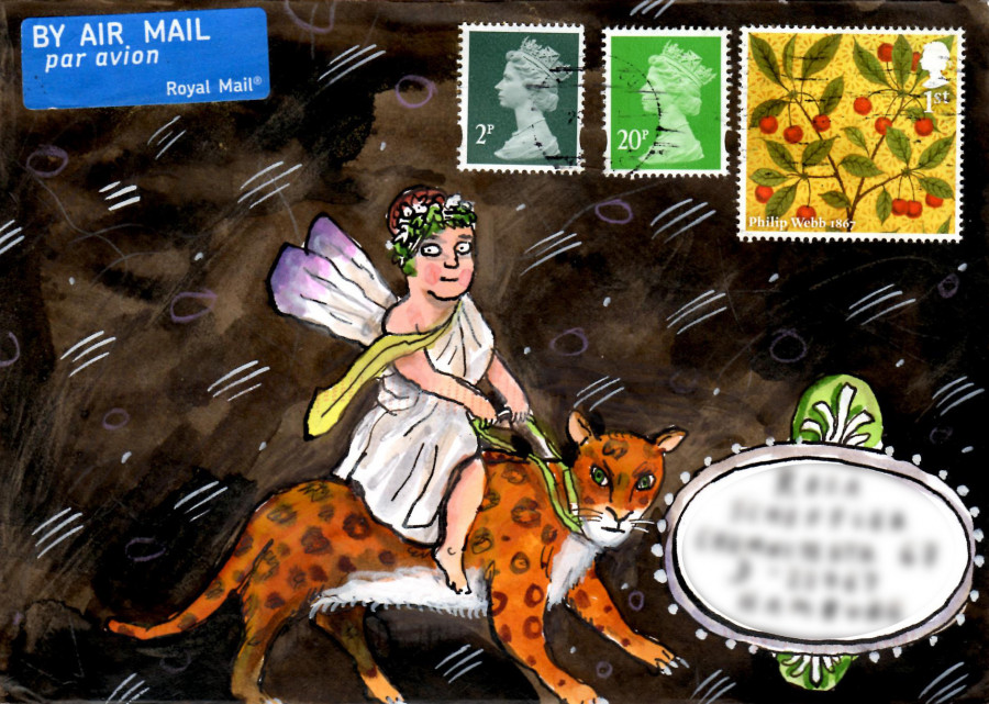 Envelope with fairy riding a leopard illustration
