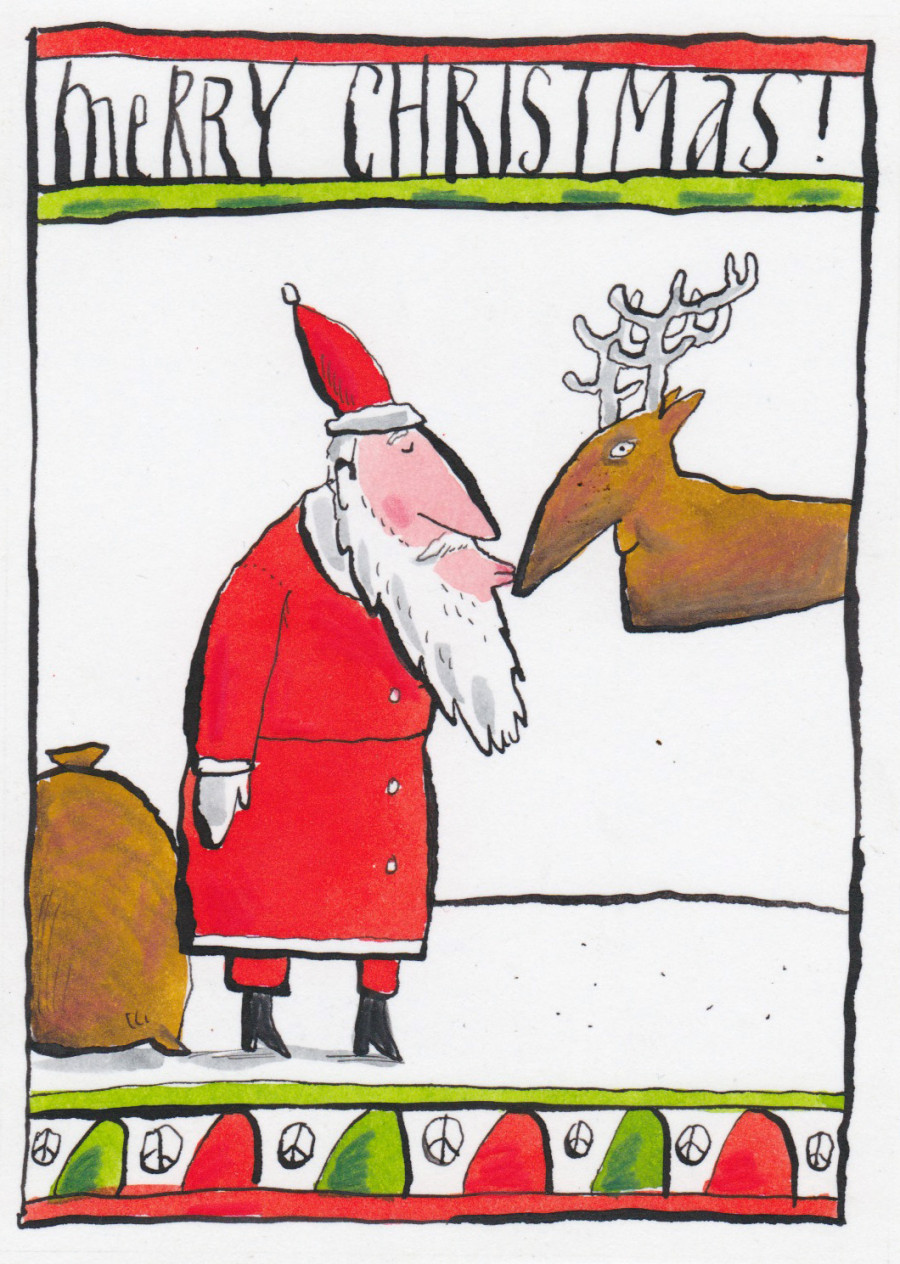 Santa kissing reindeer illustration