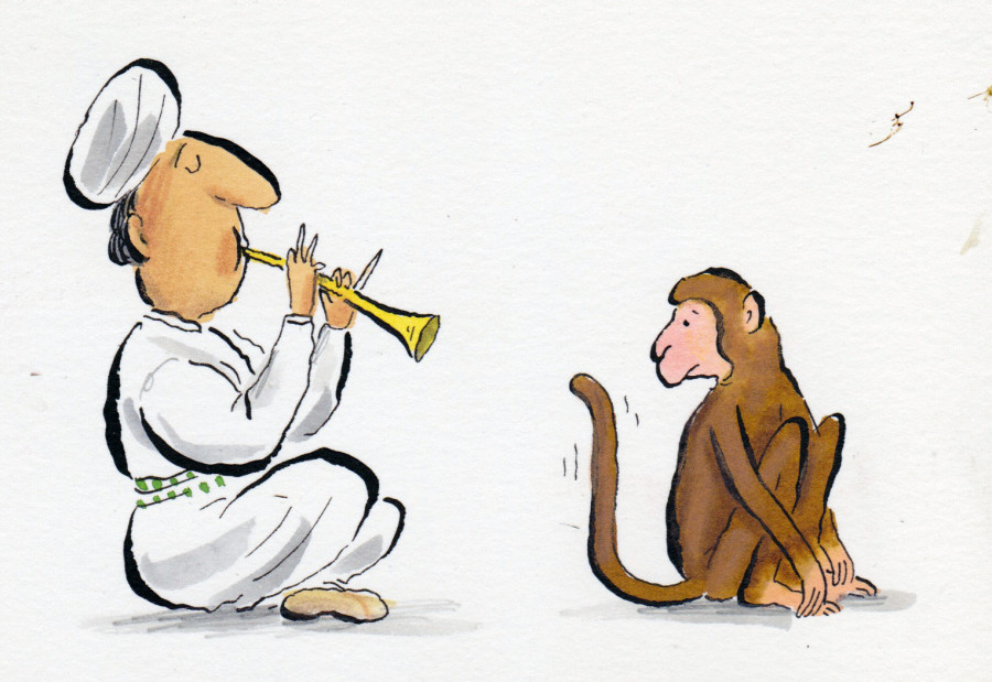 Snake charmer and monkey illustration