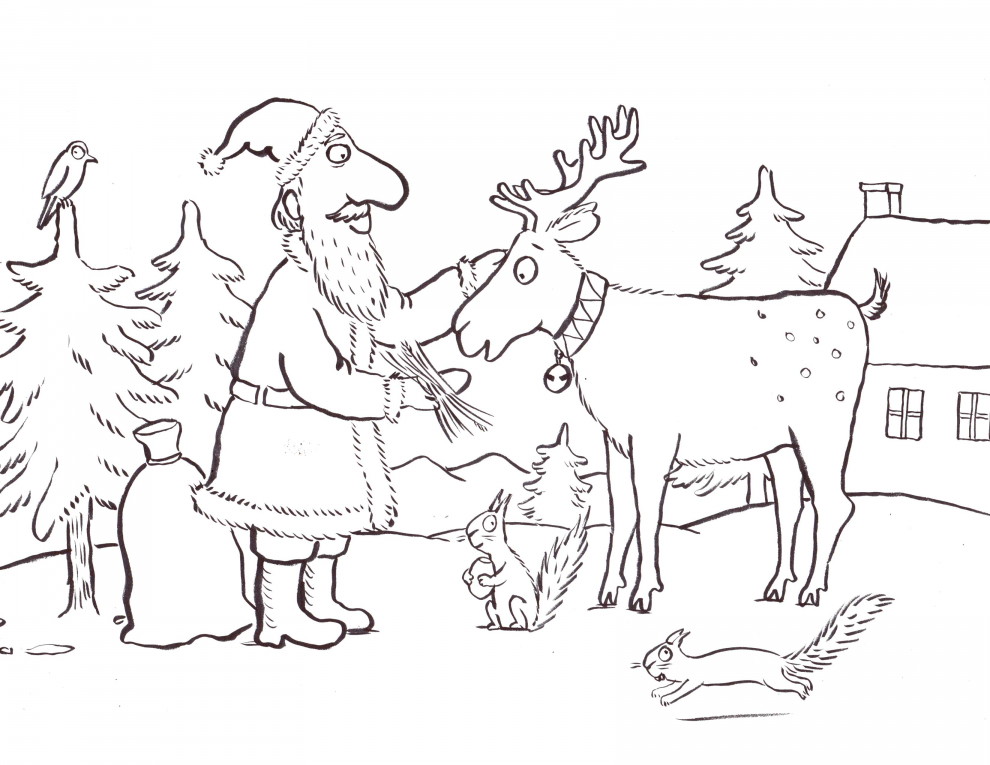 Santa feeding reindeer illustration