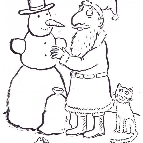 Snowman, Santa and cat illustration