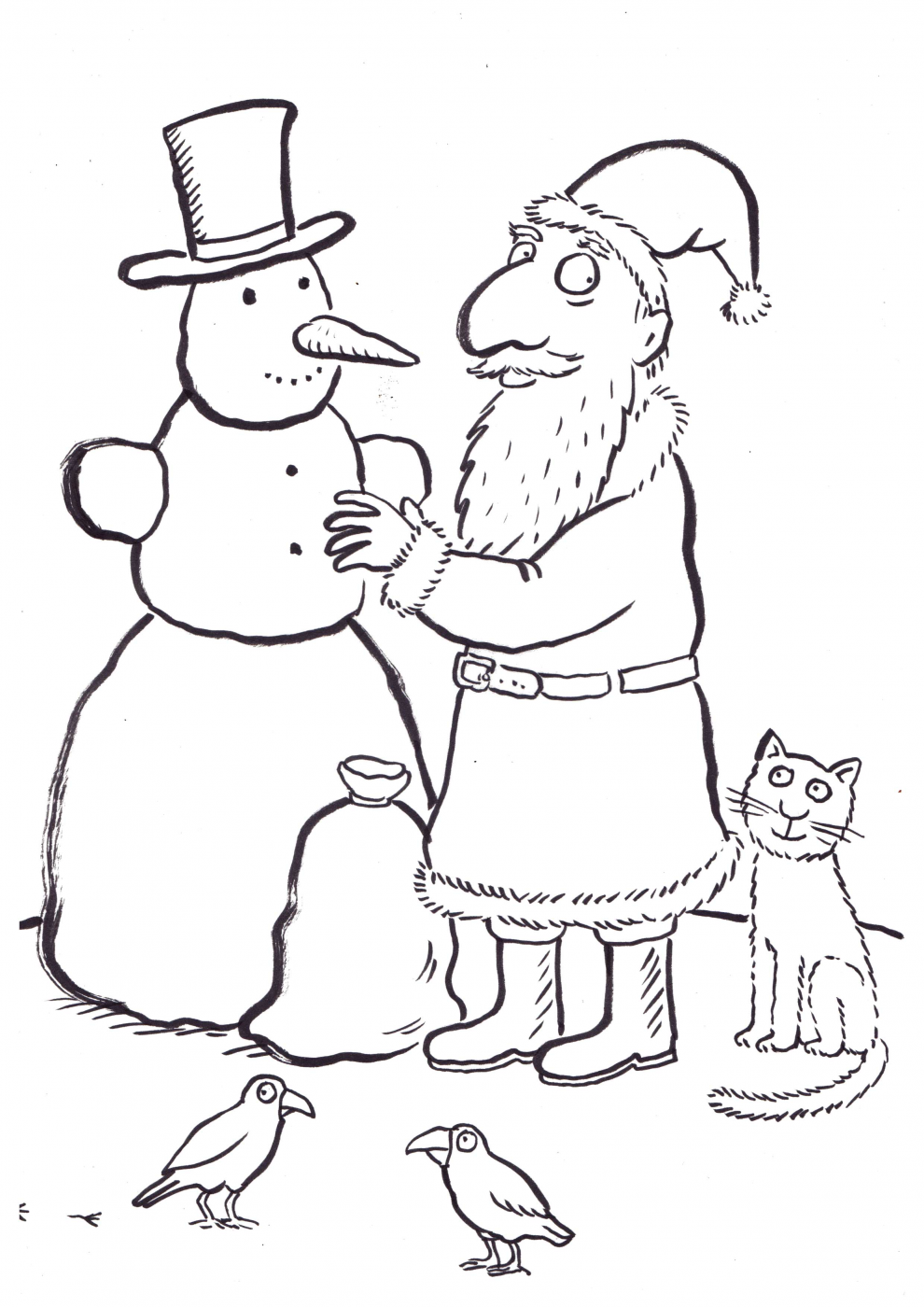 Snowman, Santa and cat illustration